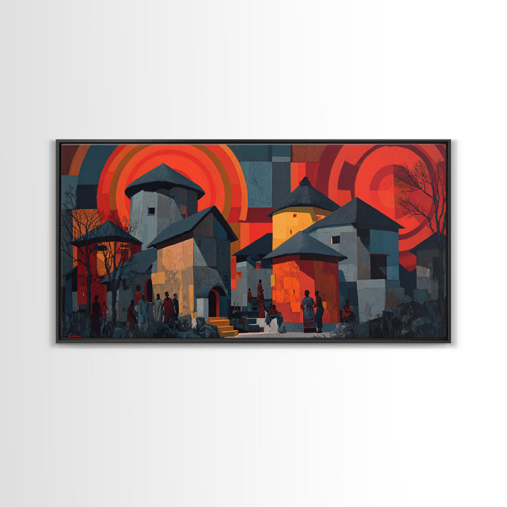 Red Sunset African Village Houses Wall Art, Modern African Art, Cultural Home Decor, Bold Geometric Canvas Print Gift For Him