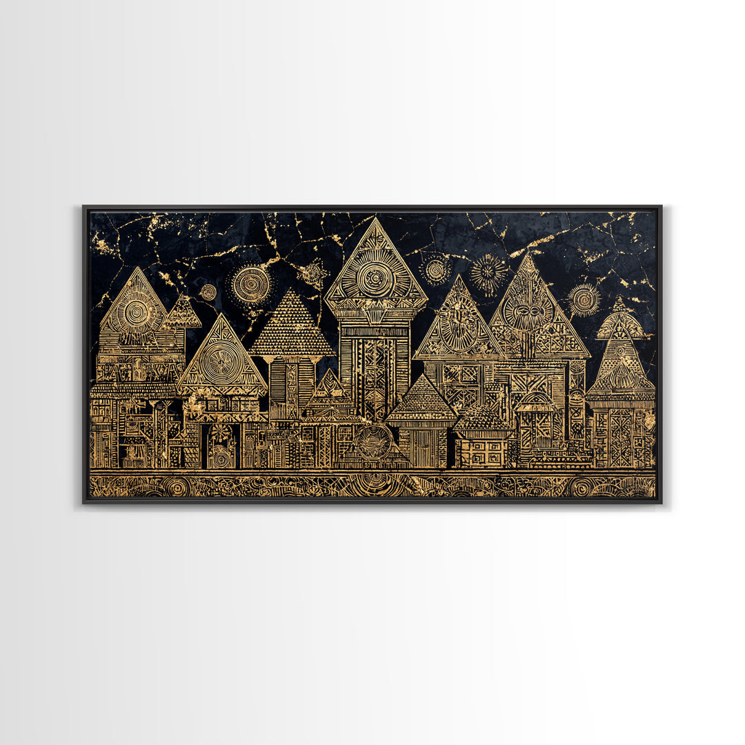 Gold Tribal Village Houses On Black Wall Art, African Tribal Art, Ancient African Art Print, Luxury Cultural Home Decor Gift
