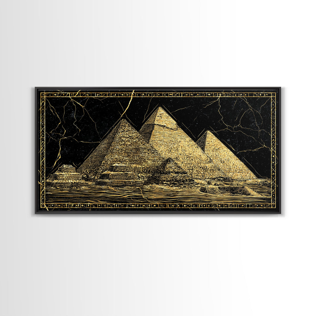 Black Gold Egyptian Pyramids Wall Art, Ancient African Art Print, Luxury Canvas Print, Mystical Statement Home Office Decor Gift