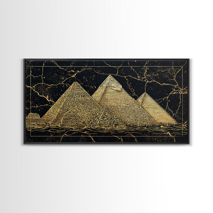 Golden Line Egyptian Pyramids Wall Art, Black Gold Canvas Print, Ancient African Artwork, Luxury Cultural Home Decor Gift