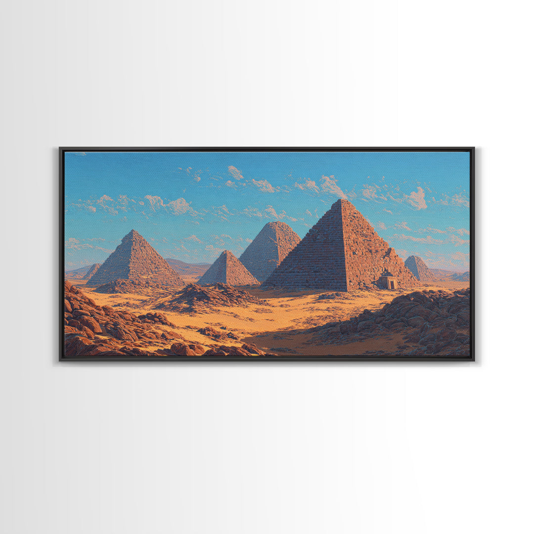 Blue Sky Giza Pyramids Wall Art, Egyptian Desert Landscape Canvas Print, Ancient African Art, Warm Cultural Decor Gift For Her