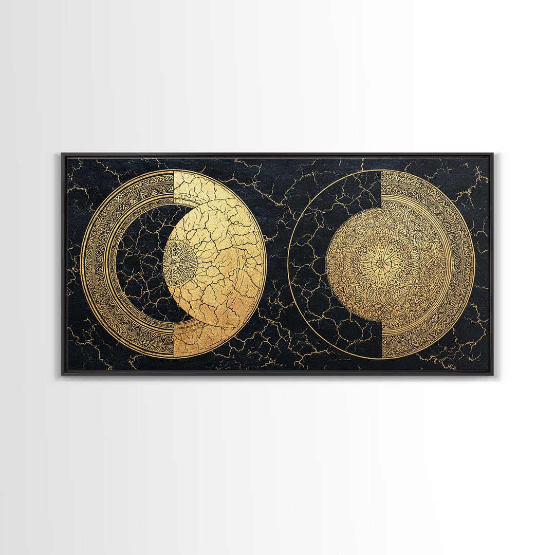 Gold Celestial Moon Phases On Cracked Black Wall Art, Abstract Art, Spiritual Wall Art, Modern Canvas Art, Home Decor Gift