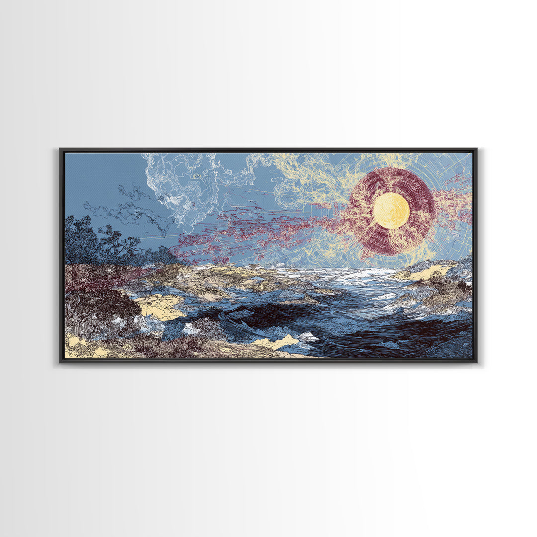Radiant Sun Over Abstract Ocean Landscape Canvas Print, Blue Wall Art, Modern Art, Nature Scene Art, Coastal Home Decor Gift