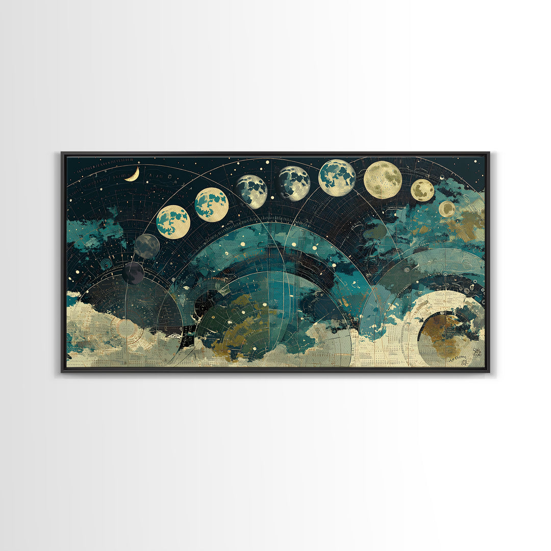 Teal Moon Phase Night Sky Celestial Wall Art, Spiritual Wall Art, Mystical Wall Art, Abstract Canvas Art, Bedroom Decor Gift