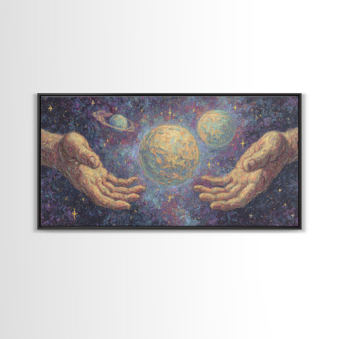 Mystical Hands Holding Planets Cosmic Wall Art, Spiritual Wall Art, Abstract Art, Dreamy Wall Art, Unique Canvas Print Home Decor