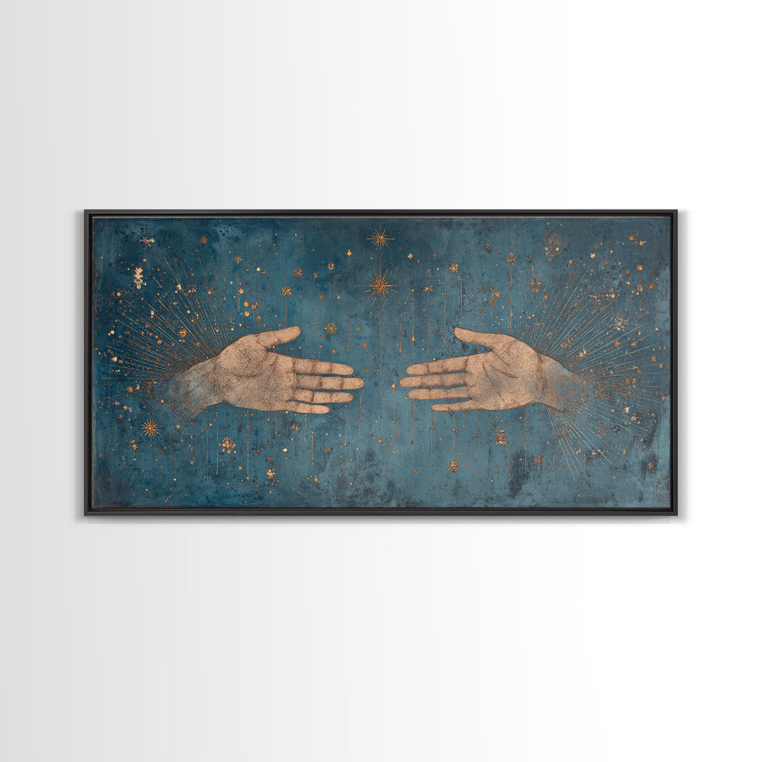 Two Open Hands With Golden Stars Teal Wall Art, Spiritual Wall Art, Mystical Wall Art, Feminine Wall Art, Unique Home Decor