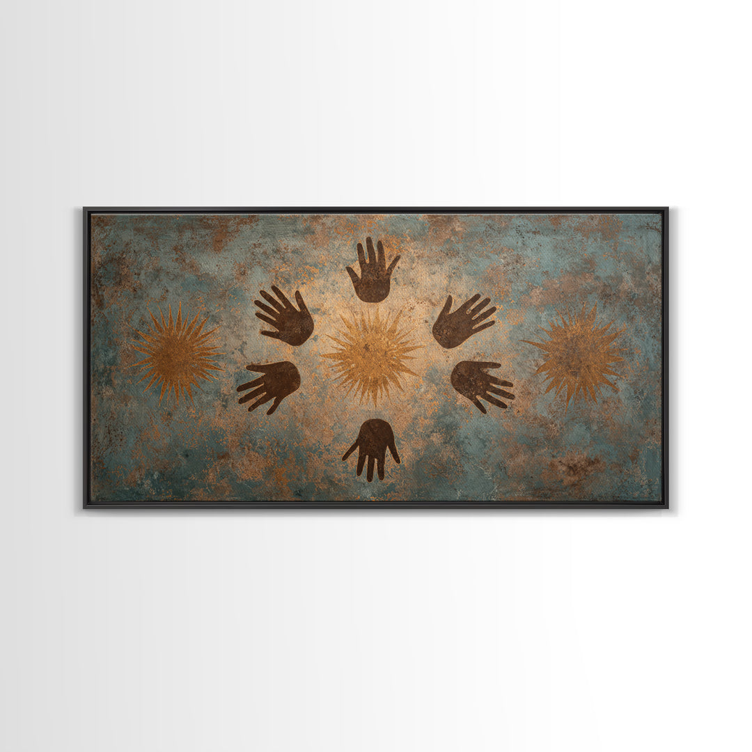 Ancient Handprint Symbols Wall Art, Tribal Abstract Painting, Earth Tone Spiritual Decor, Rustic Cultural Home Decor Gift