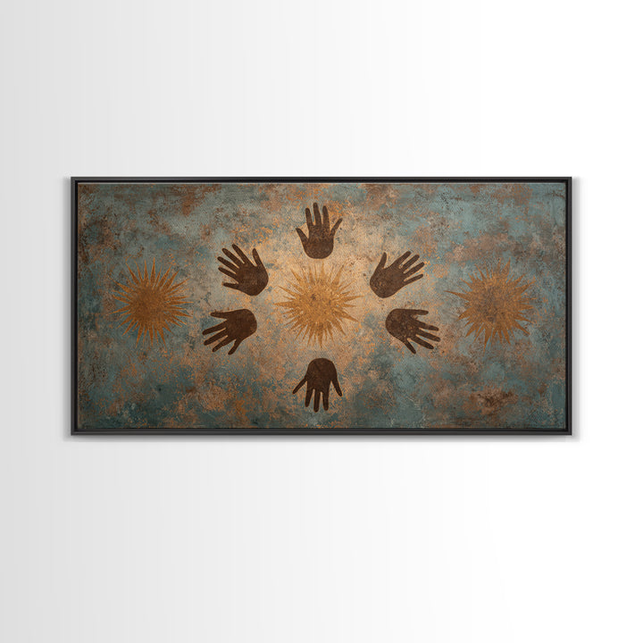 Ancient Handprint Symbols Wall Art, Tribal Abstract Painting, Earth Tone Spiritual Decor, Rustic Cultural Home Decor Gift