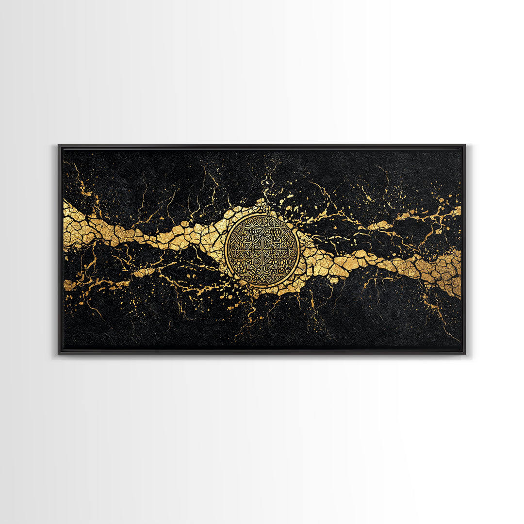 Black And Gold Medallion Canvas Print, Luxury Abstract Wall Decor, Cracked Marble Texture, Elegant Statement Home Decor Gift