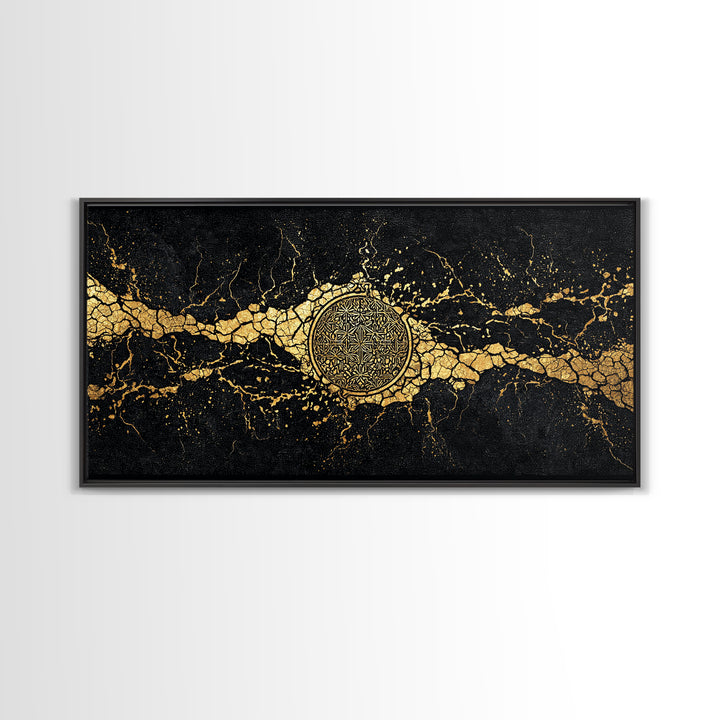 Black And Gold Medallion Canvas Print, Luxury Abstract Wall Decor, Cracked Marble Texture, Elegant Statement Home Decor Gift