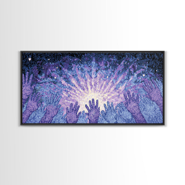 Hands Reaching Toward Light Wall Art, Mystical Spiritual Canvas Decor, Blue Purple Starburst, Dreamy Meditation Gift For Home