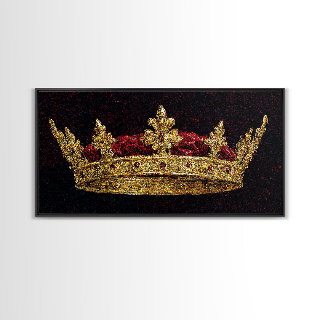 Golden Royal Crown Framed Canvas Print, Black And Gold Wall Decor, Regal Jewel Painting, Luxury Statement Home Decor Gift For Him