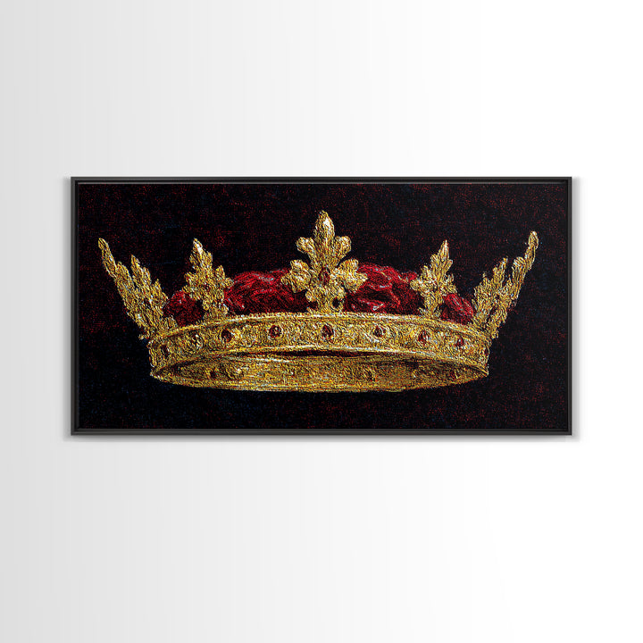 Golden Royal Crown Framed Canvas Print, Black And Gold Wall Decor, Regal Jewel Painting, Luxury Statement Home Decor Gift For Him