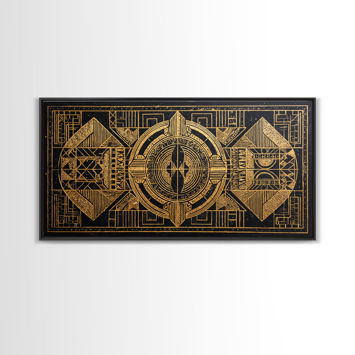 Gold Tribal Geometric Pattern Canvas Print, African Abstract Wall Art, Afrocentric Decor, Black Gold Luxury Home Decor, Statement Decor