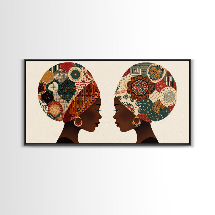Twin African Women In Ankara Headwraps Canvas Print, Black Woman Wall Art, Afrocentric Decor, Elegant Cultural Home Decor