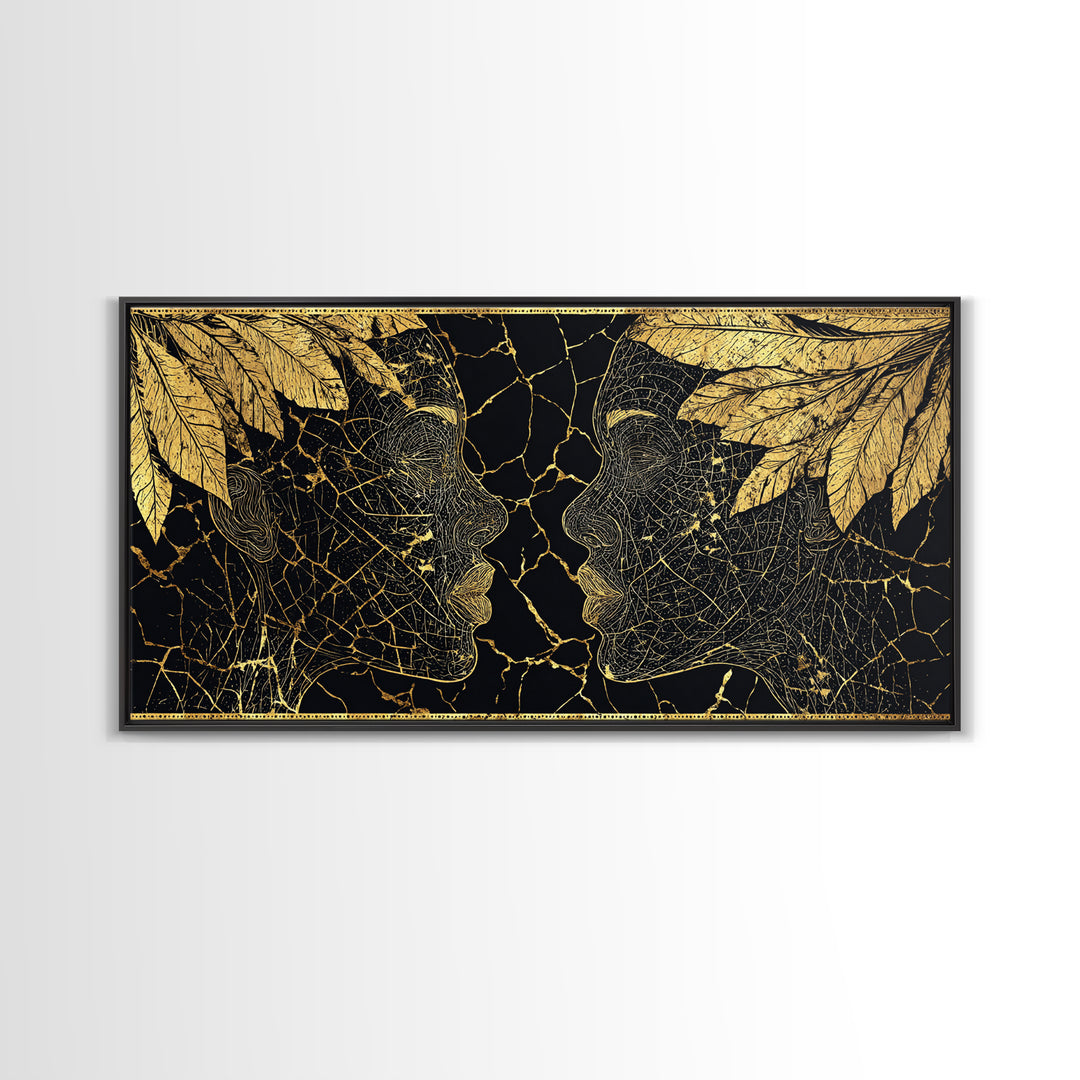 Gold Leaf African Profile Faces Wall Art, Black Gold Abstract Portrait, Afrocentric Canvas Print, Elegant Cultural Decor