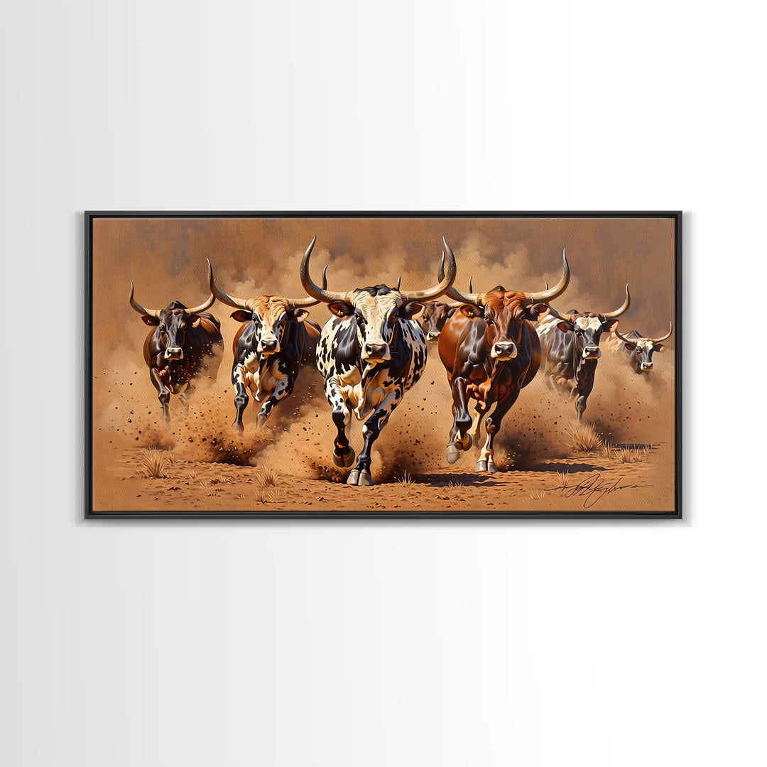 Charging Longhorn Cattle Canvas Print, African Safari Animal Art, Rustic Western Wall Art, Brown Dusty Ranch Home Decor Gift