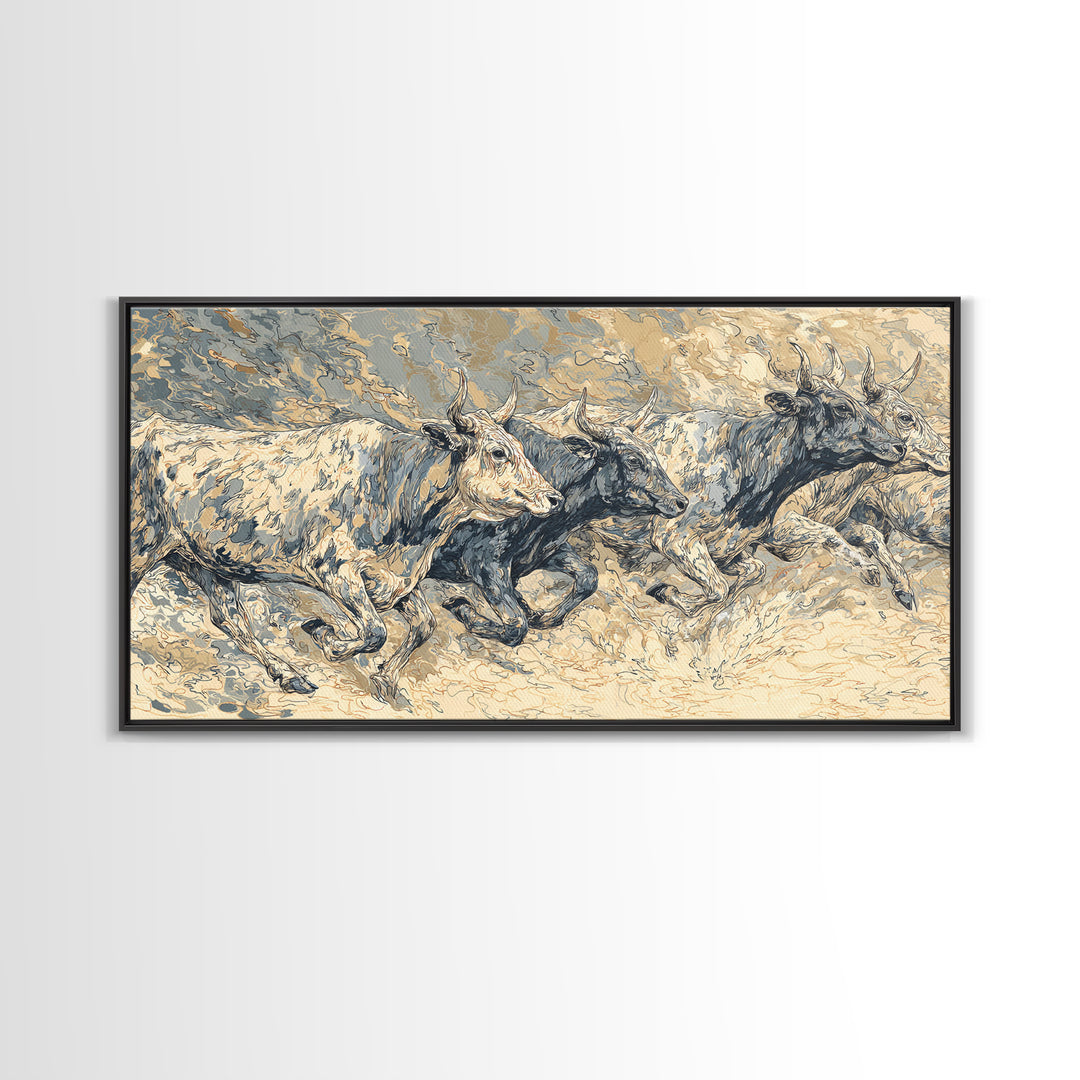 White Cattle Herd In Dusty Motion Framed Canvas Print, African Animal Art, Safari Wall Art, Beige Blue Rustic Home Decor