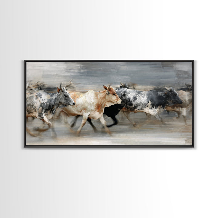 Blurred Running Cattle Herd Canvas Print, African Safari Wall Art, Modern Animal Painting, Neutral Rustic Living Room Decor