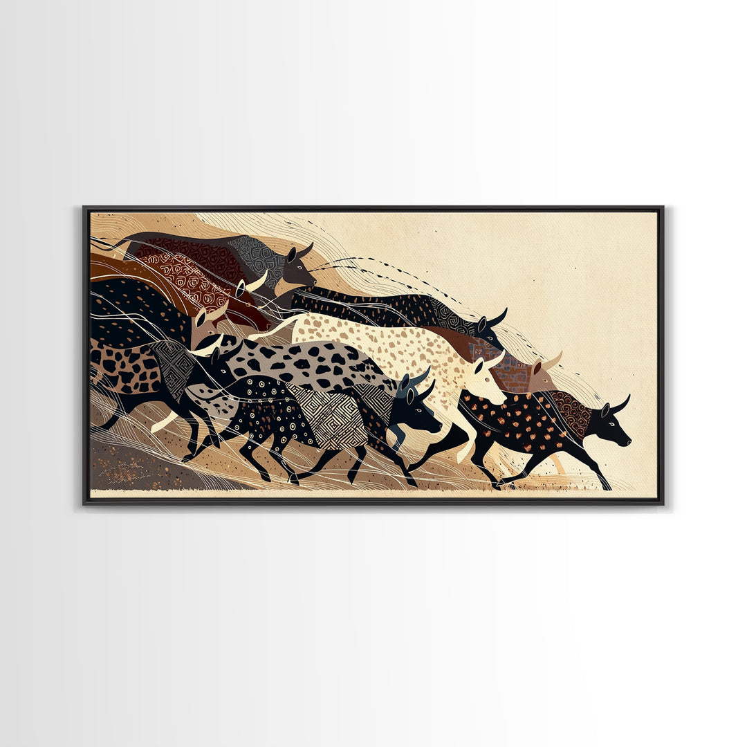 Patterned Cattle Herd Wall Art, Boho African Animal Art, Tribal Textile Canvas Print, Earth Tone Safari Unique Home Decor Gift