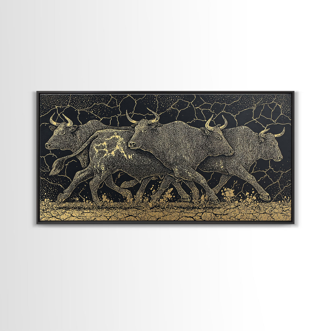 Black Gold Running Cattle Wall Art, African Animal Art, Tribal Crackle Canvas Print, Luxury Safari Decor, Statement Piece