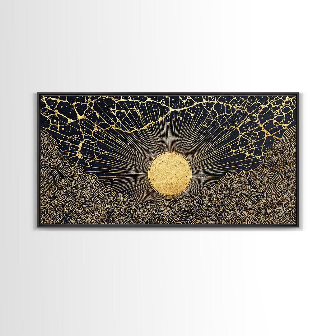 Golden Sunburst Over Black Waves Wall Art, African Inspired Abstract, Black And Gold Decor, Luxury Canvas For Living Room