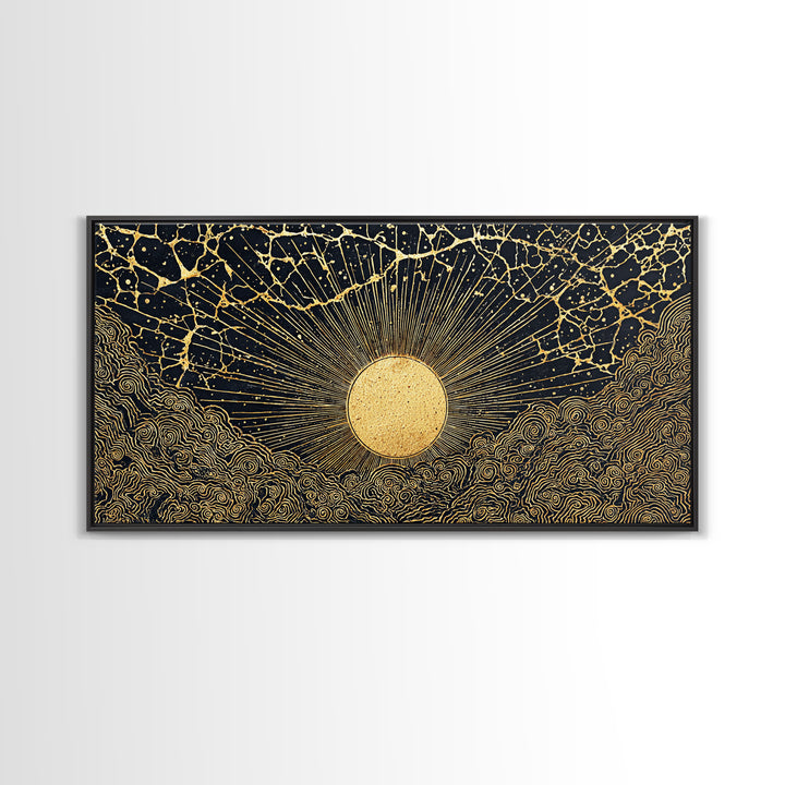 Golden Sunburst Over Black Waves Wall Art, African Inspired Abstract, Black And Gold Decor, Luxury Canvas For Living Room