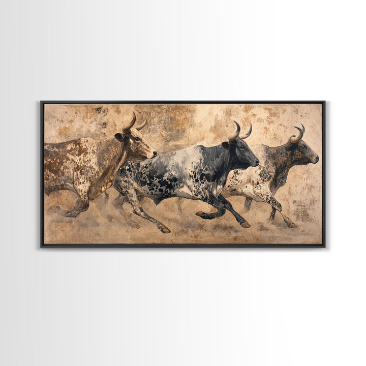 Running African Cattle Canvas Print, Rustic Safari Animal Painting, Earth Tone Wall Decor, Modern Farmhouse Home Decor, Housewarming Gift