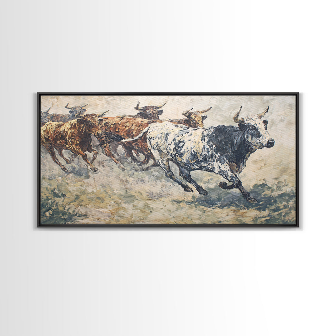 Textured Longhorn Cattle Framed Canvas Print, African Safari Wall Art, Rustic Animal Painting, Neutral Living Room Decor