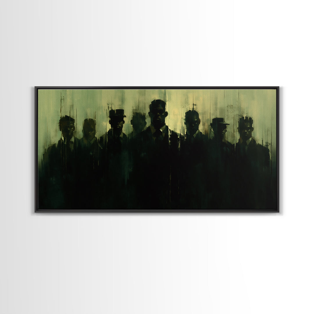 Green Shadow Men In Hats Canvas Print, Moody Black Wall Art, African American Portrait, Minimalist Office Decor Gift For Him