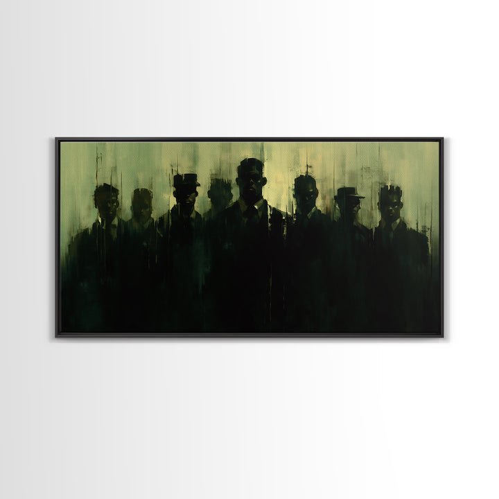 Green Shadow Men In Hats Canvas Print, Moody Black Wall Art, African American Portrait, Minimalist Office Decor Gift For Him