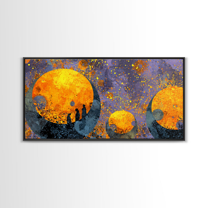 Orange Moon Figures Wall Art, African Inspired Abstract Landscape, Black Silhouette Home Decor, Afrofuturism Canvas Print