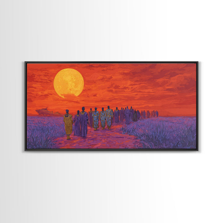 African Procession Under Orange Sun Framed Canvas Print, African Women Art, Cultural Wall Decor, Afrocentric Home Decor Gift