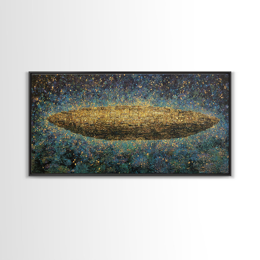 Glowing Golden Oval Over Blue Meadow Canvas Print, Abstract African Art, Textured Art Print, Luxury Canvas Art Decor Gift