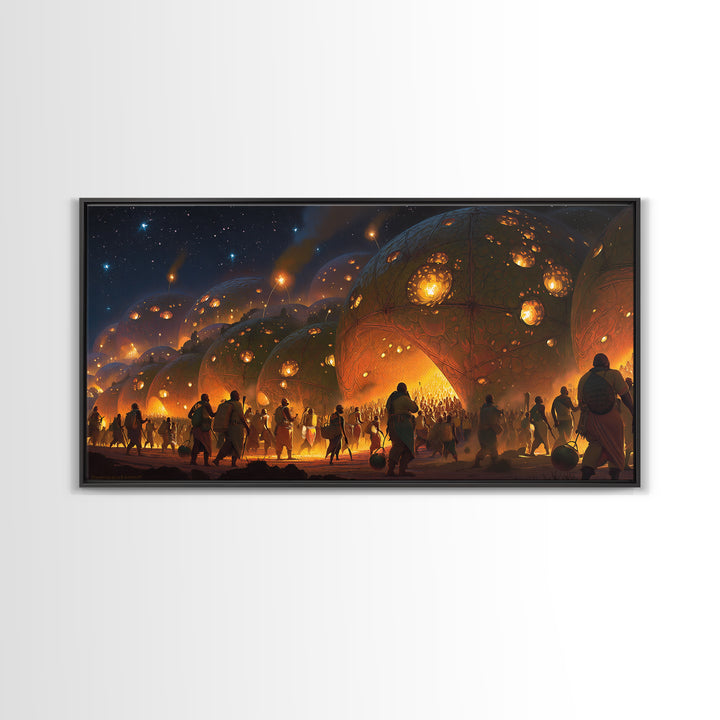 Fiery Afrofuturist Dome Village Wall Art, Modern African Art, Black Culture Art, Statement Canvas Decor For Living Room Gift