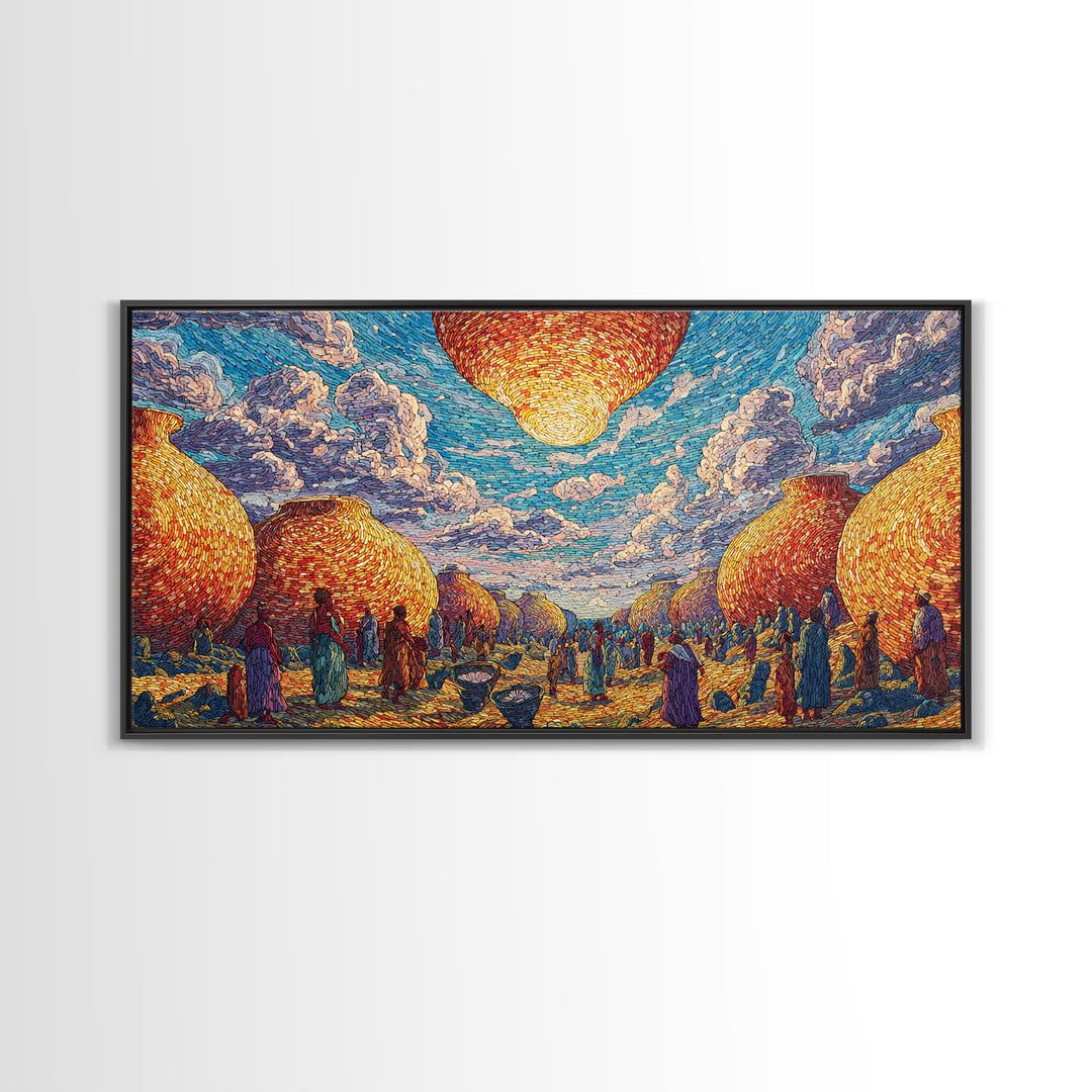 Golden Woven Village And Blue Sky Wall Art, African Landscape, Cultural Art Print, Boho African Home Decor Gift For Living Room