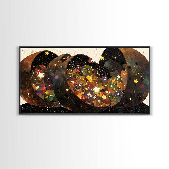 Celestial Crescent Star Village Wall Art, African Inspired Abstract, Black Gold Canvas Print, Whimsical Boho Decor Gift For Her