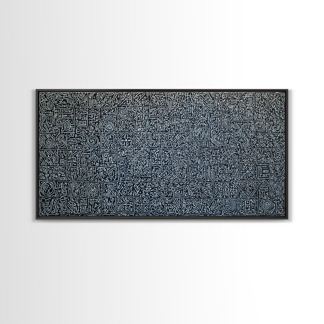White Tribal Glyph Pattern On Black Wall Art, African Tribal Art, Geometric Wall Art, Ethnic Home Decor Canvas Print Gift