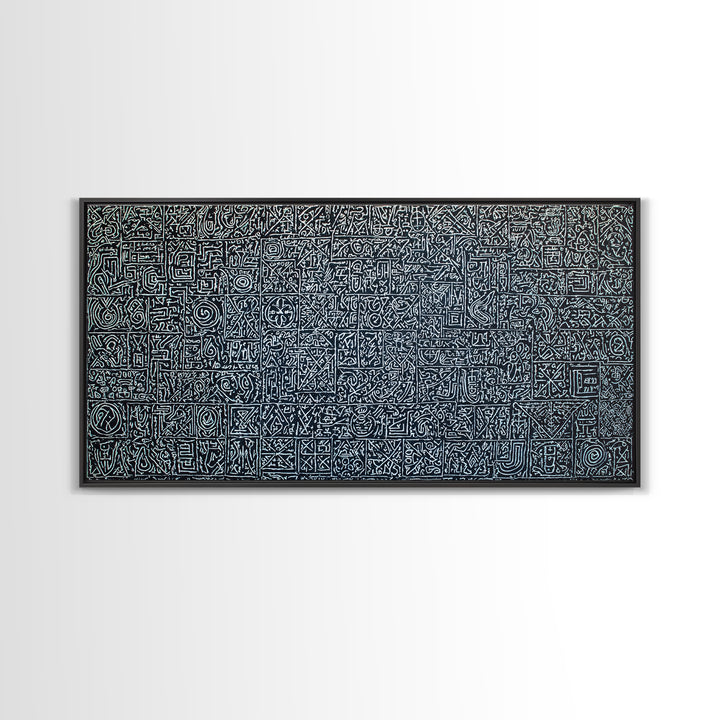 White Tribal Glyph Pattern On Black Wall Art, African Tribal Art, Geometric Wall Art, Ethnic Home Decor Canvas Print Gift