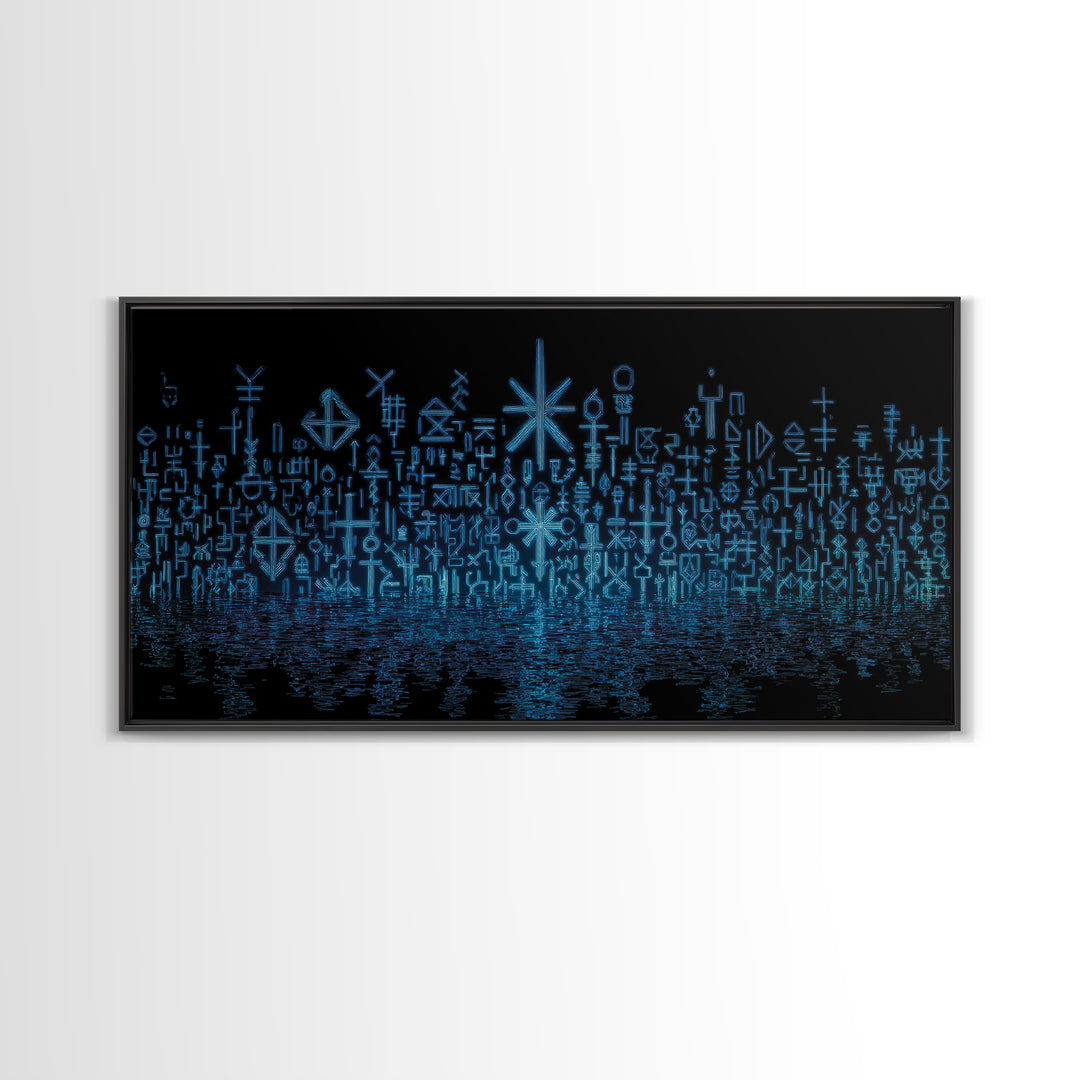 Blue Glowing Ancestral Symbols Over Water Canvas Print, African Abstract Art, Spiritual Wall Art, Mystical Wall Decor Gift