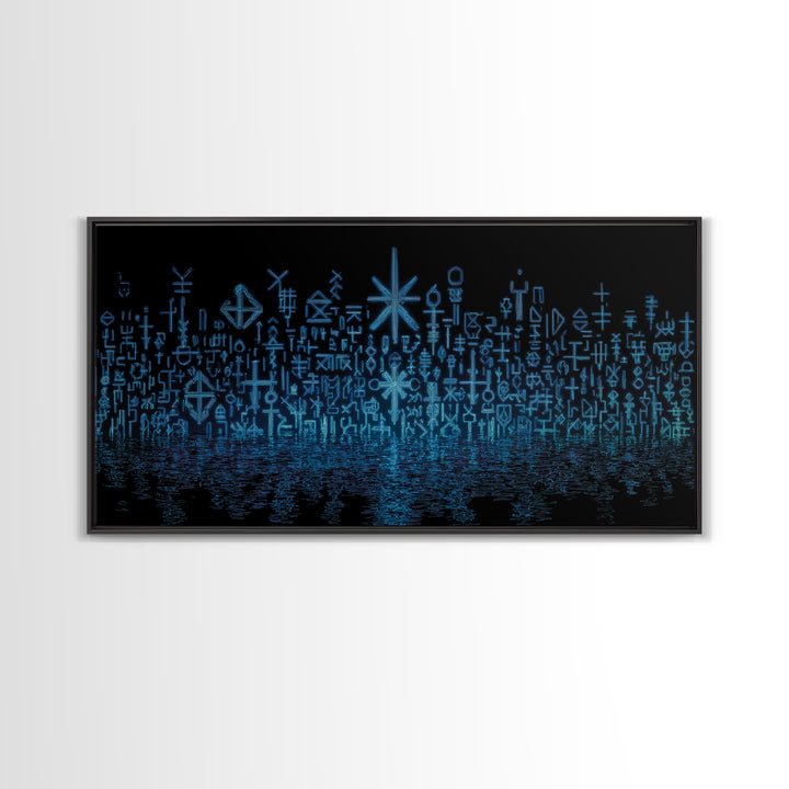 Blue Glowing Ancestral Symbols Over Water Canvas Print, African Abstract Art, Spiritual Wall Art, Mystical Wall Decor Gift
