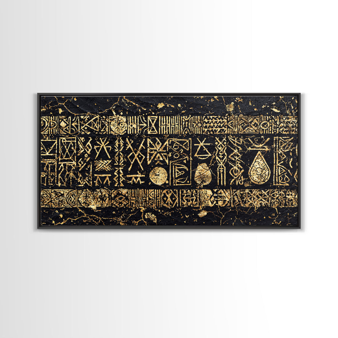 Ancient Gold Tribal Symbols On Black Stone Wall Art, African Tribal Art, Cultural Wall Decor, Textured Canvas Print Gift