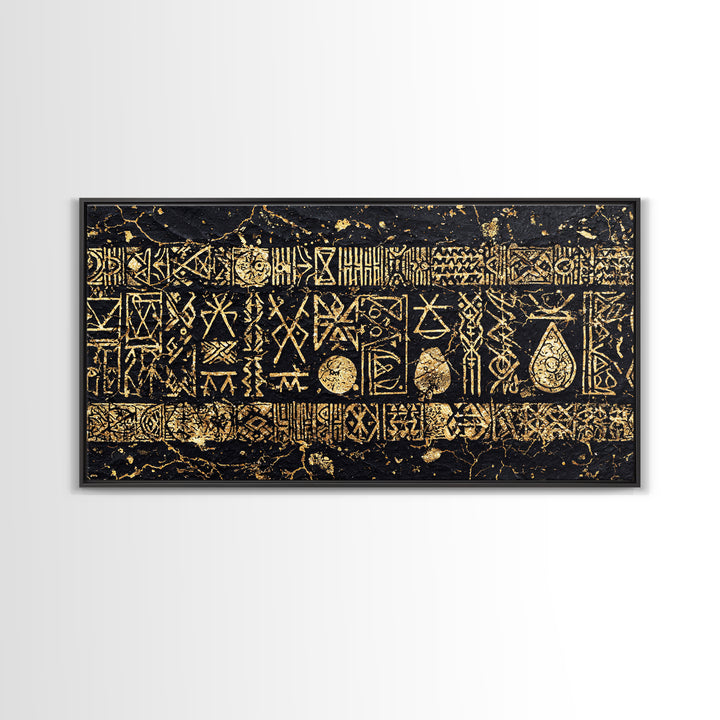 Ancient Gold Tribal Symbols On Black Stone Wall Art, African Tribal Art, Cultural Wall Decor, Textured Canvas Print Gift