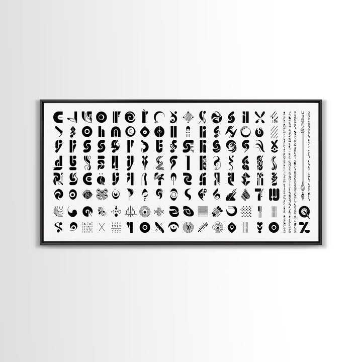 Black Abstract Symbol Alphabet On White Wall Art, African Patterns, Geometric Wall Art, Minimalist Canvas Print Decor Gift
