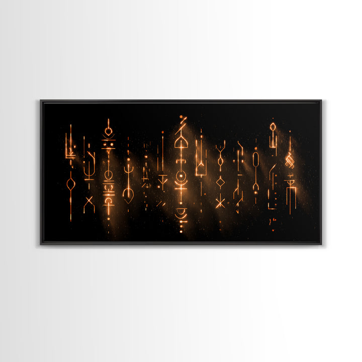 Glowing Ancestral Symbols Wall Art, African Inspired Abstract Canvas, Spiritual Black Gold Decor, Mystic Tribal Art Print