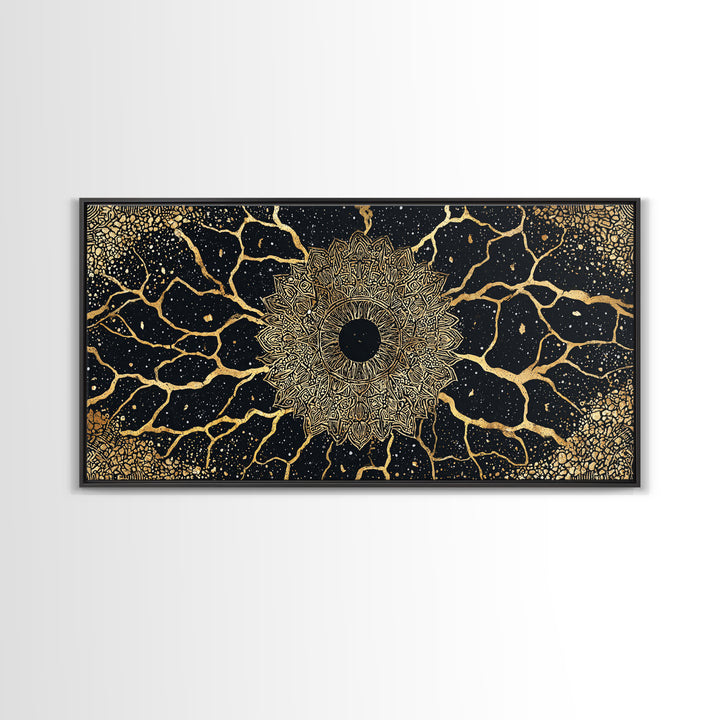 Golden Mandala Cosmos Wall Art, Black And Gold Abstract African Inspired Decor, Spiritual Geometric Canvas Print For Living Room