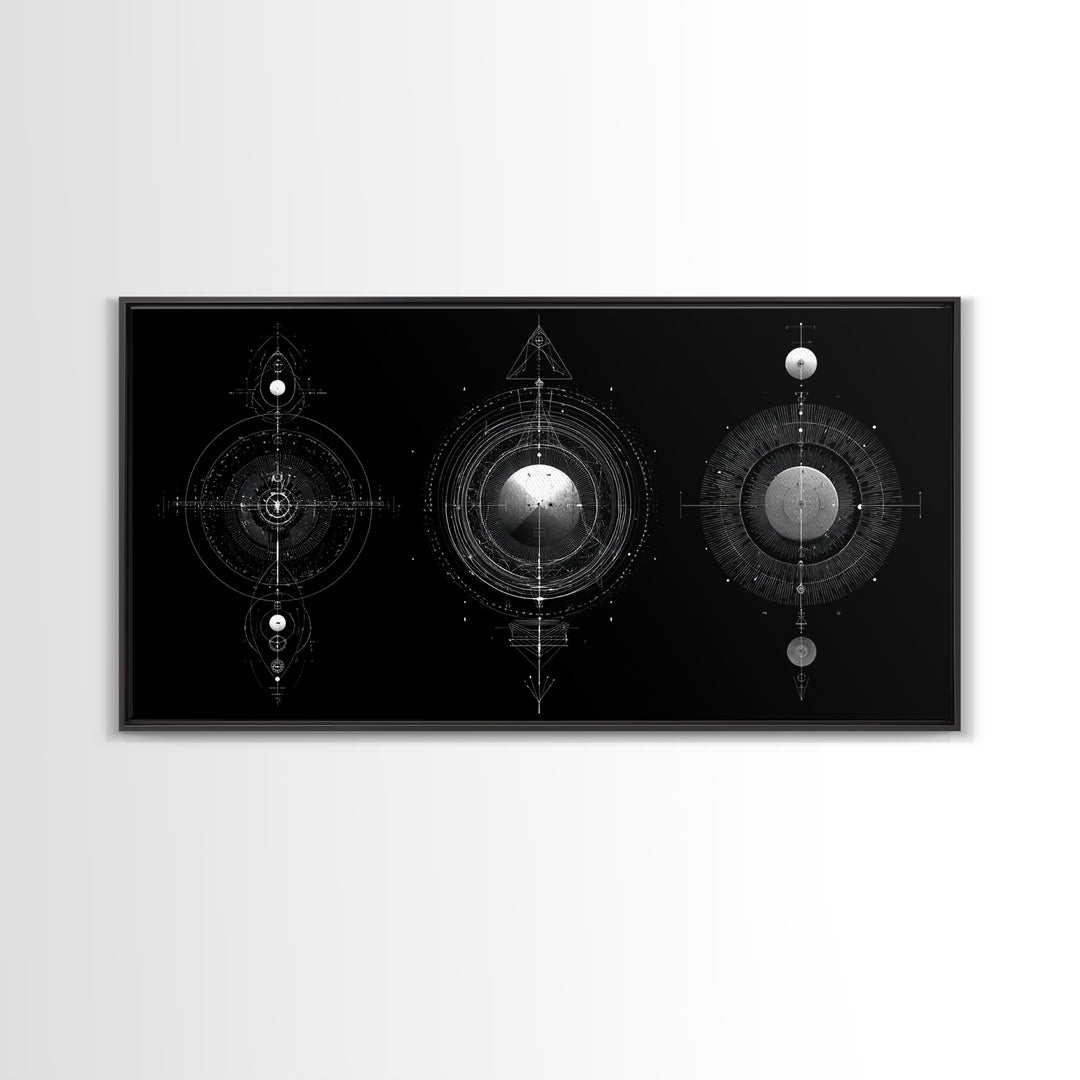 Celestial Geometry Triptych Canvas Print, Black And Silver Abstract Wall Art, Mystical Modern Decor For Meditation Room Gift