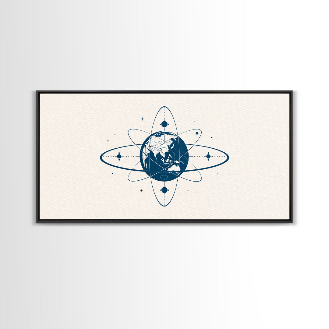 Blue Earth Atom Wall Art, Minimalist Globe Orbit Illustration, Science Inspired Canvas Print, Modern Office Decor For Home
