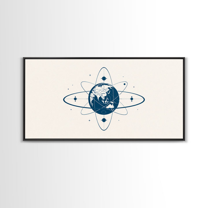 Blue Earth Atom Wall Art, Minimalist Globe Orbit Illustration, Science Inspired Canvas Print, Modern Office Decor For Home