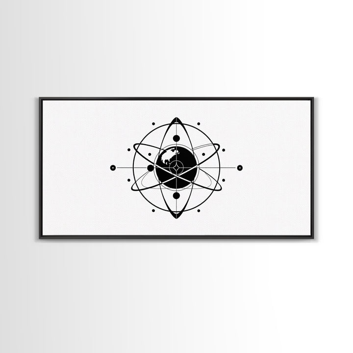 Minimalist Black Earth Atom Canvas Print, Globe Orbit Line Art, Modern Science Wall Art, Clean Office Decor For Home Gift